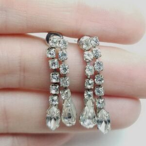 Vintage Rhinestone Dangle Stud Earrings, Classic Elegance, Silver Tone, Estate